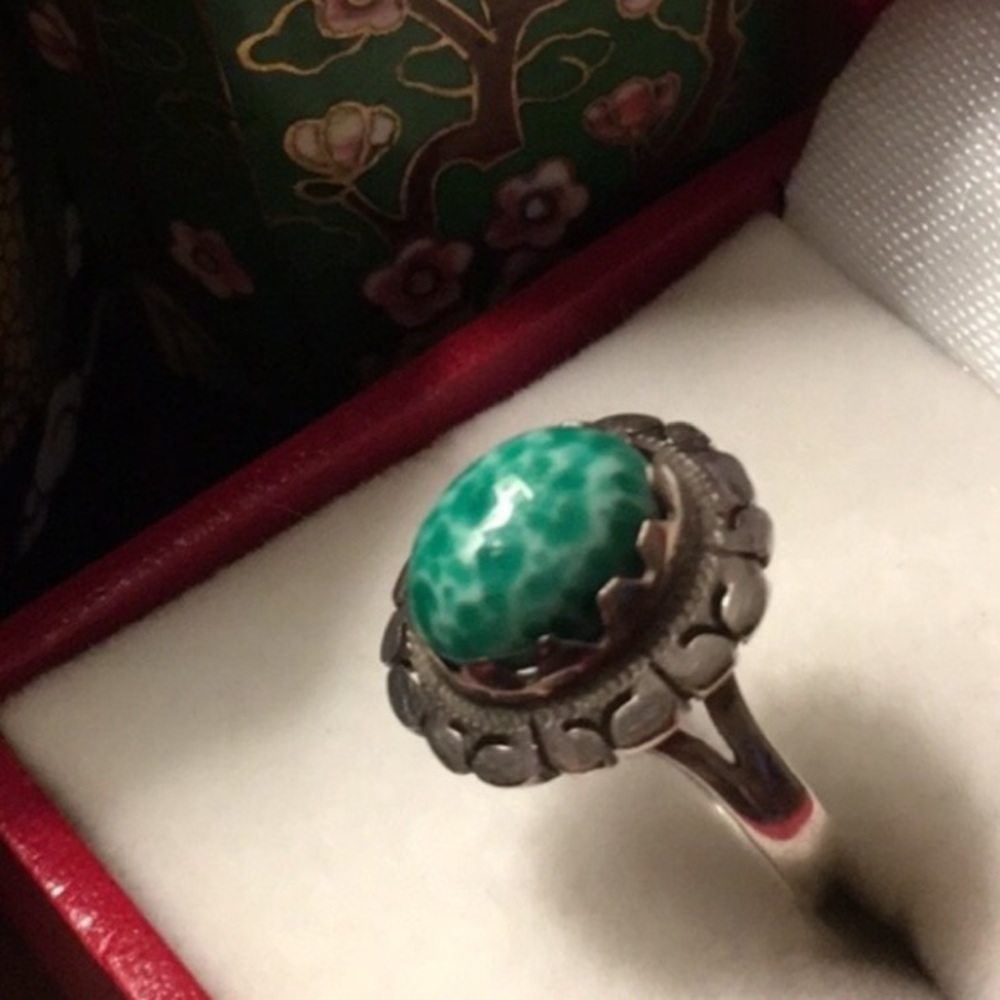 Art Deco Vintage Peking Glass Ring Mexico 925